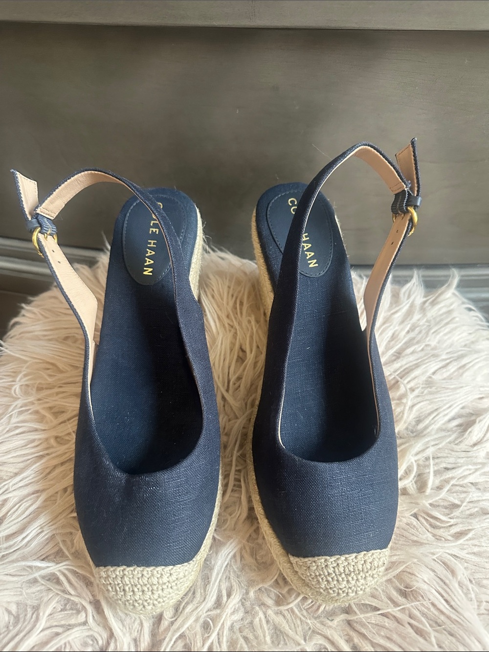 Cole Haan Navy Canvas Espadrille Slingback Wedges